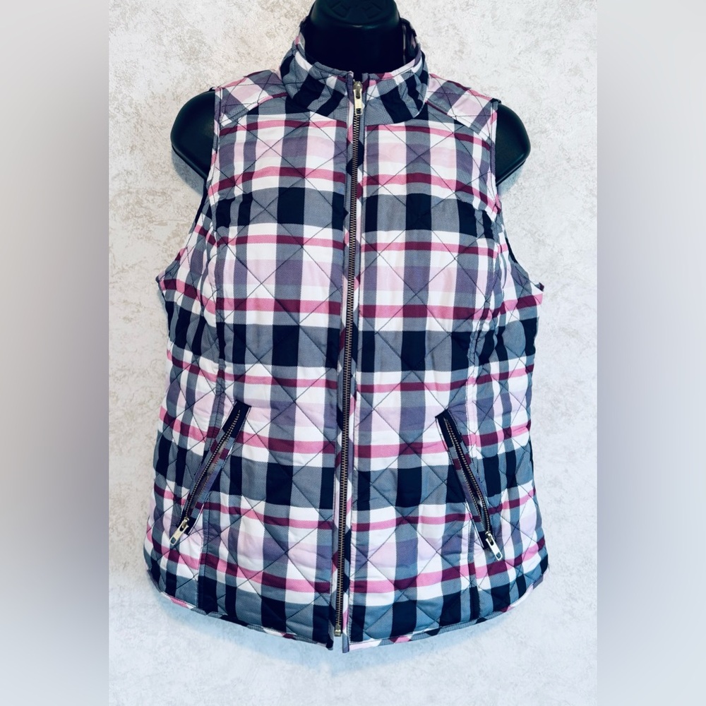 Crown & IVY Woman Pink Black Plaid Puffer Quilted Full Zip Vest Size Small
